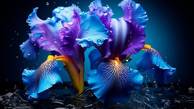 beautiful blue iris flower on black background closeup