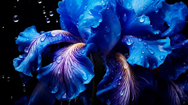 beautiful blue iris flower on black background closeup