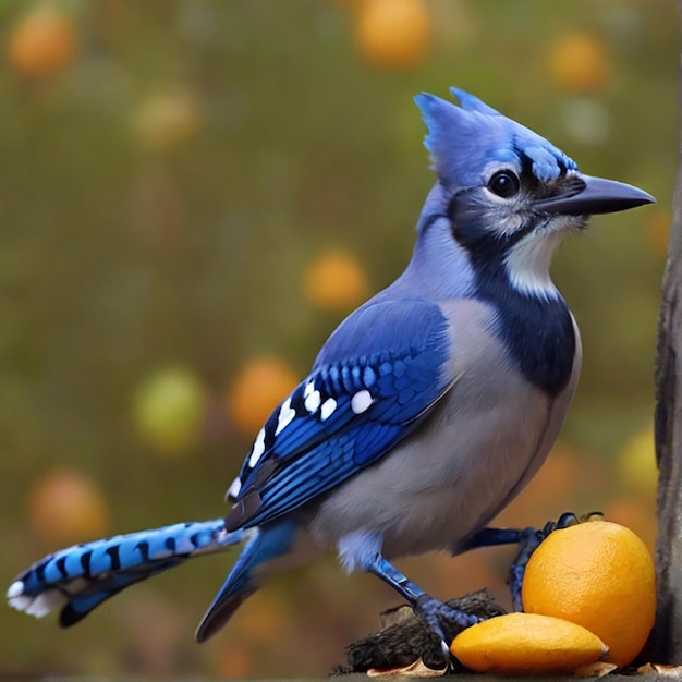 A beautiful blue jay bird standing on the tree