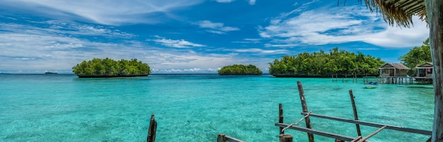 Beautiful blue lagoone with some bamboo huts kordiris homestay palmtree in front gam island west papuan raja ampat indonesia