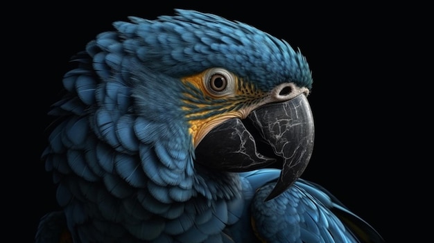 Beautiful blue macaw parrot isolated on a black backgroundgenerative ai