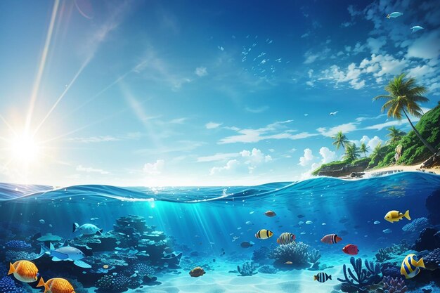 Beautiful blue ocean background with sunlight and undersea scene