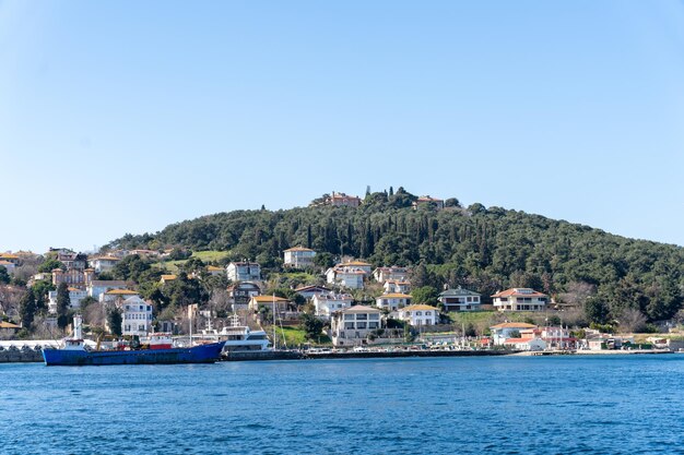 A beautiful blue ocean with a small town on the shore