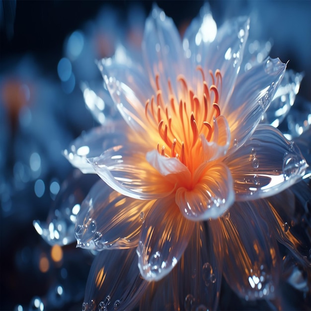 a beautiful blue and orange flower on a dark background