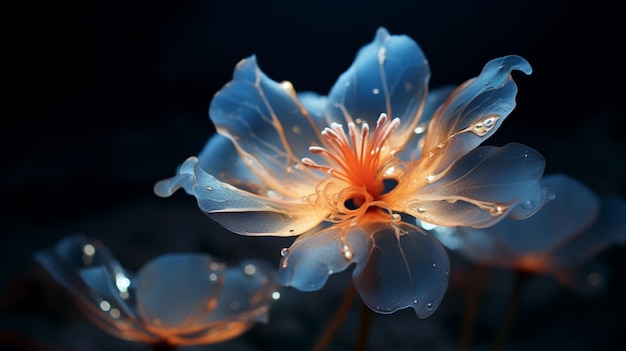 a beautiful blue and orange flower on a dark background