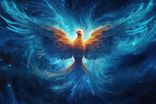 A beautiful blue phoenix in deep space with blue veins illustration generative ai