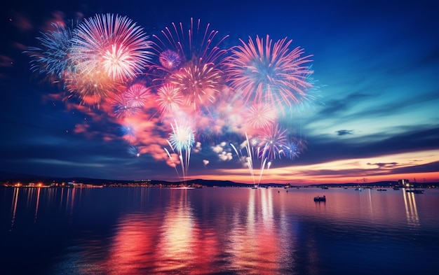 Beautiful blue and pink fireworks display lights up the sky with dazzling display during new yea