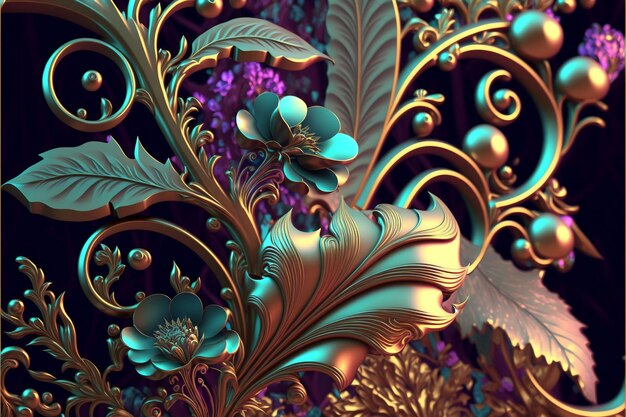 Beautiful blue and purple ornate pattern with abstract flowers and vines gold