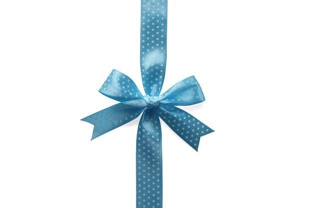 Beautiful blue ribbon with bow on white background