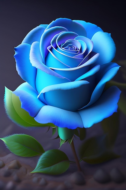 Beautiful blue rose at night bioluminescent rose 3d render