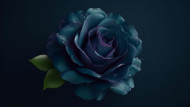 Beautiful blue rose with water drops on petals on black backgroundgenerative ai