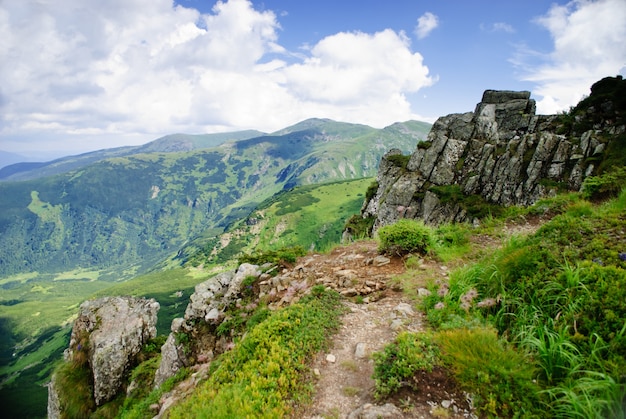 Beautiful blue sky and rock high up in Carpathian mountains