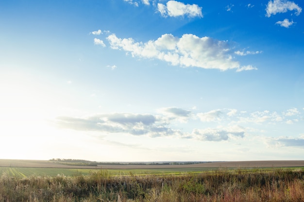 Photo beautiful blue sky with clouds over agricultural fields.  landscape background.