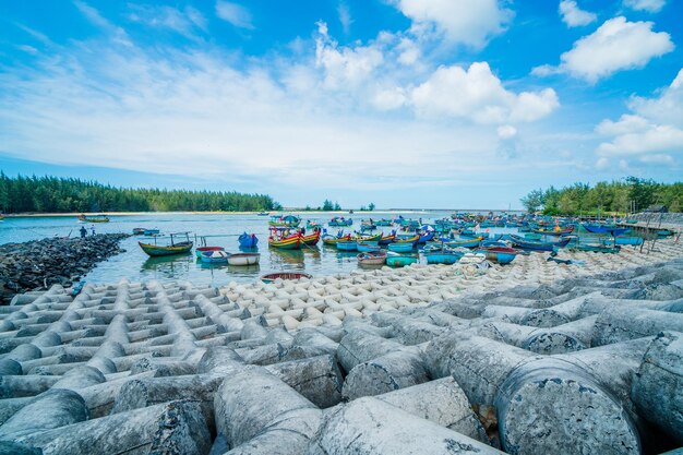 Beautiful blue skyline panoramic in Loc An Canal Scenery landscape of fishing port with tsunami