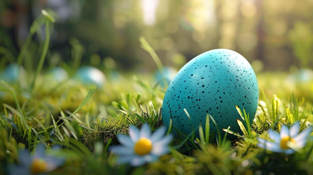 A beautiful blue spotted Easter egg sits in the soft green grass The egg is surrounded by delicate white and yellow flowers