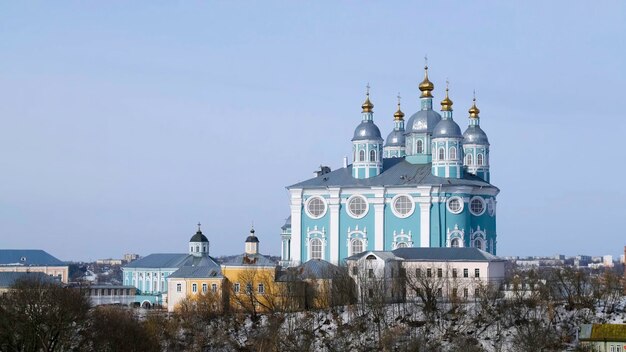 Beautiful blue temple on background of city in winter stock footage assumption cathedral in smolensk