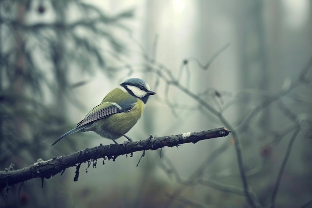Beautiful blue tit bird perched on a branch in the forest