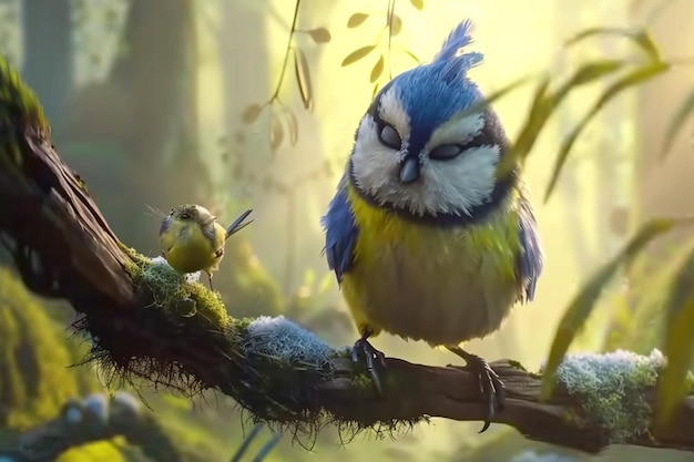 Beautiful blue tit bird perched on a branch in the forest