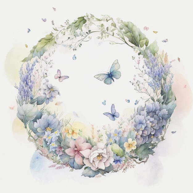 Beautiful blue tone watercolor flowers and butterflies frame on white Created with Generative AI