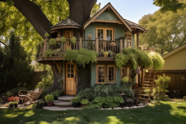 Beautiful blue tree house in the backyard