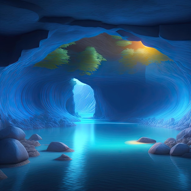 Beautiful blue underground lake inside cave 3d illustration