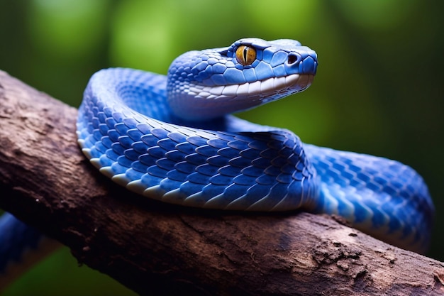 Beautiful blue viper snake on branch with blurred green background