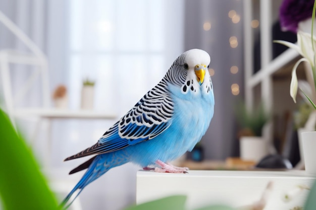 Beautiful blue wavy budgerigar on table in room