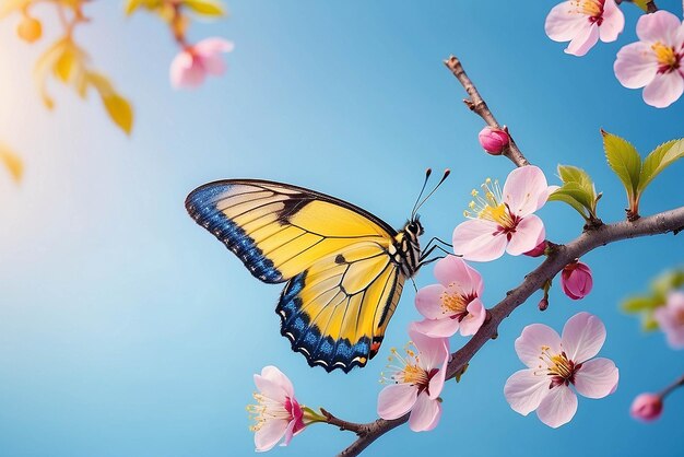 美しい青い黄色い蝶の飛び方と春の日の出時に開花するアプリコットツリーの枝明るい青と紫の背景のマクロ優雅な芸術的なイメージ自然バナーフォーマットコピースペース