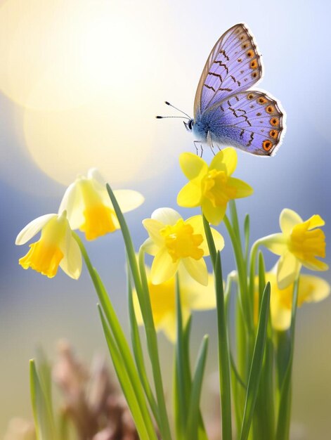 Photo beautiful blue yellow butterfly in flight and branch of flowering apricot tree in spring at sunrise