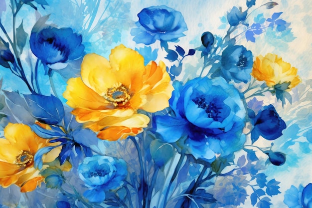 Beautiful blue and yellow floral wallpaper in the style of luminous watercolors Generative AI