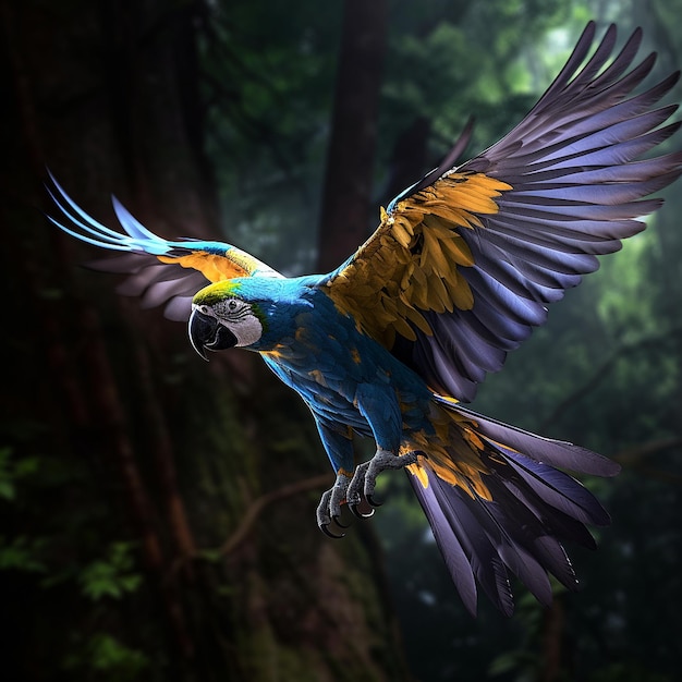 Beautiful blue yellow parrot bird flying images Generative AI