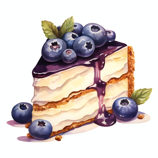 beautiful Blueberry cheesecake slice watercolor clipart illustration