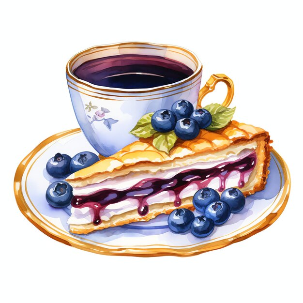 Beautiful blueberry pie slice with tea cup watercolor clipart illustration