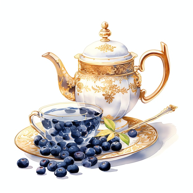 Beautiful blueberry and tea pot holder watercolor clipart illustration