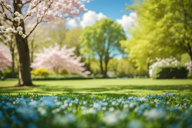 写真 春の自然の美しいぼんやりした背景画像 樹木に囲まれたきちんと剪定された芝生