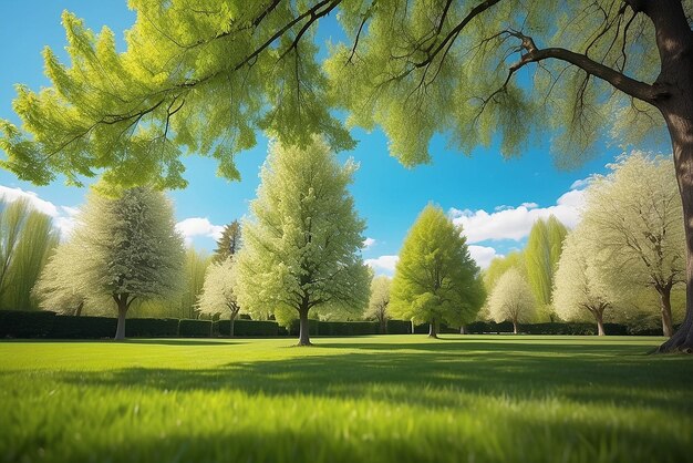 Beautiful blurred background image of spring nature with a neatly trimmed lawn surrounded by trees against a blue sky with clouds on a bright sunny day