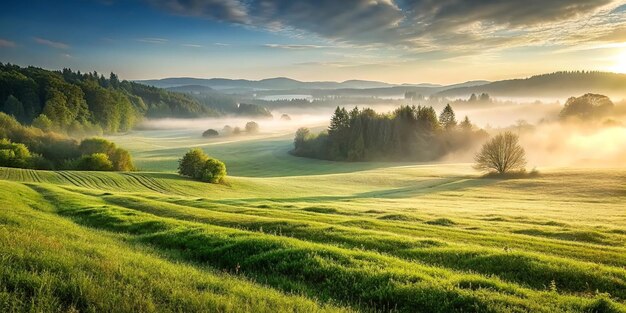 Beautiful blurred background image of spring nature with a neatly trimmed lawn surrounded by trees