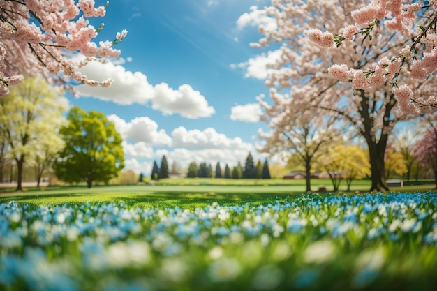 Beautiful blurred background image of spring nature with a neatly trimmed lawn surrounded by trees a