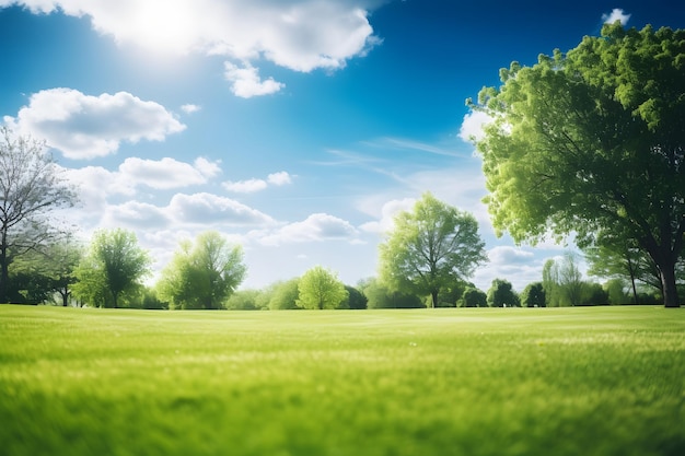 Beautiful blurred background image of spring nature with a neatly trimmed lawn surrounded by trees