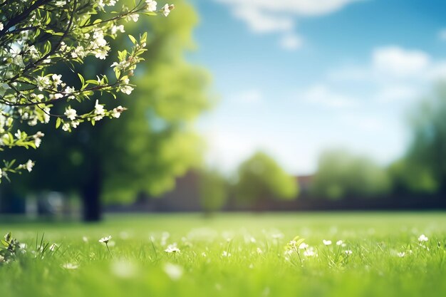 Beautiful blurred background image of spring nature with a neatly trimmed lawn surrounded by trees