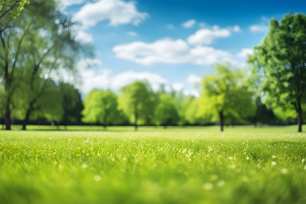 Beautiful blurred background image of spring nature with a neatly trimmed lawn surrounded by trees