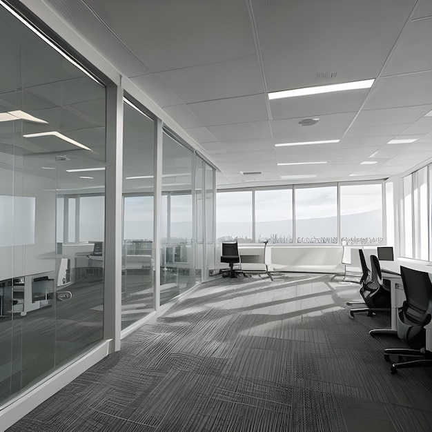 Beautiful blurred background of a light modern office hall with panoramic windows and beautiful ligh