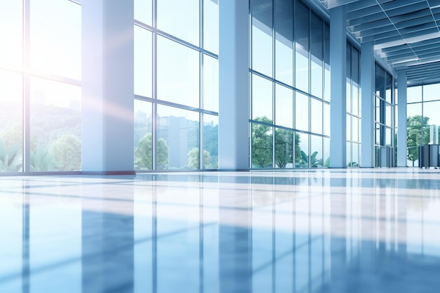 Beautiful blurred background of a light modern office hall with panoramic windows and beautiful ligh