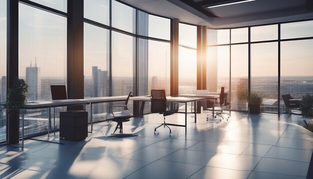 Beautiful blurred background of a light modern office hall with panoramic windows