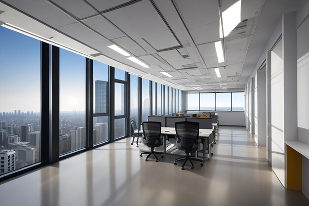 Beautiful blurred background of a light modern office interior with panoramic windows and beautiful