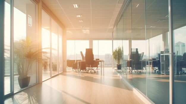 Beautiful blurred background of a light modern office interior with panoramic windows and beautiful