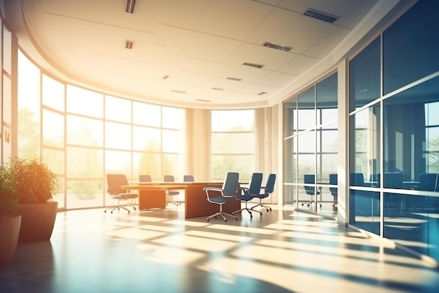 Beautiful blurred background of a light modern office interior with panoramic windows