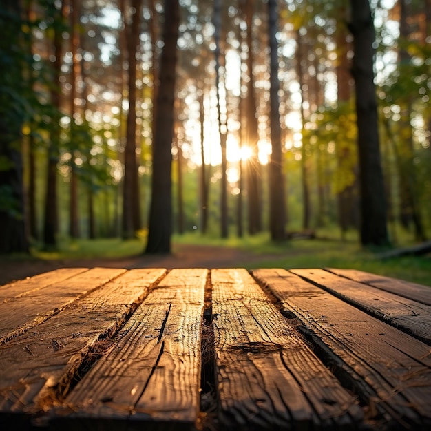 Beautiful blurred boreal forest background view with empty rustic wooden table