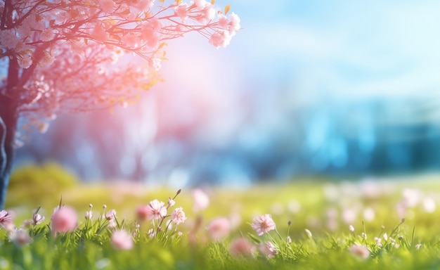 Photo beautiful blurred spring background nature with blooming glade trees and blue sky on a sunny day