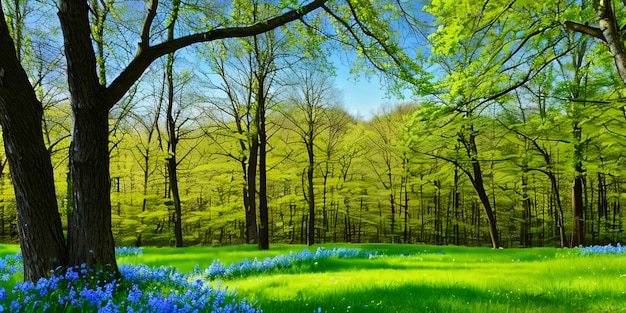 Photo beautiful blurred spring background nature with blooming glade trees and blue sky on a sunny day